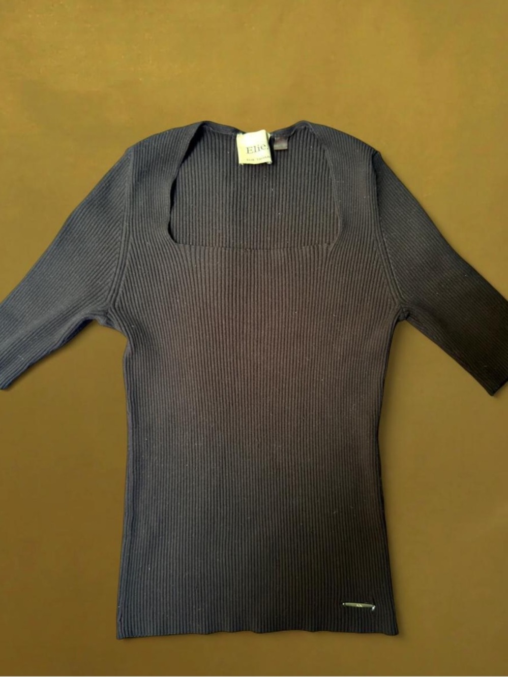 Elie Tahari Navy Ribbed Square-Neck Knit Top